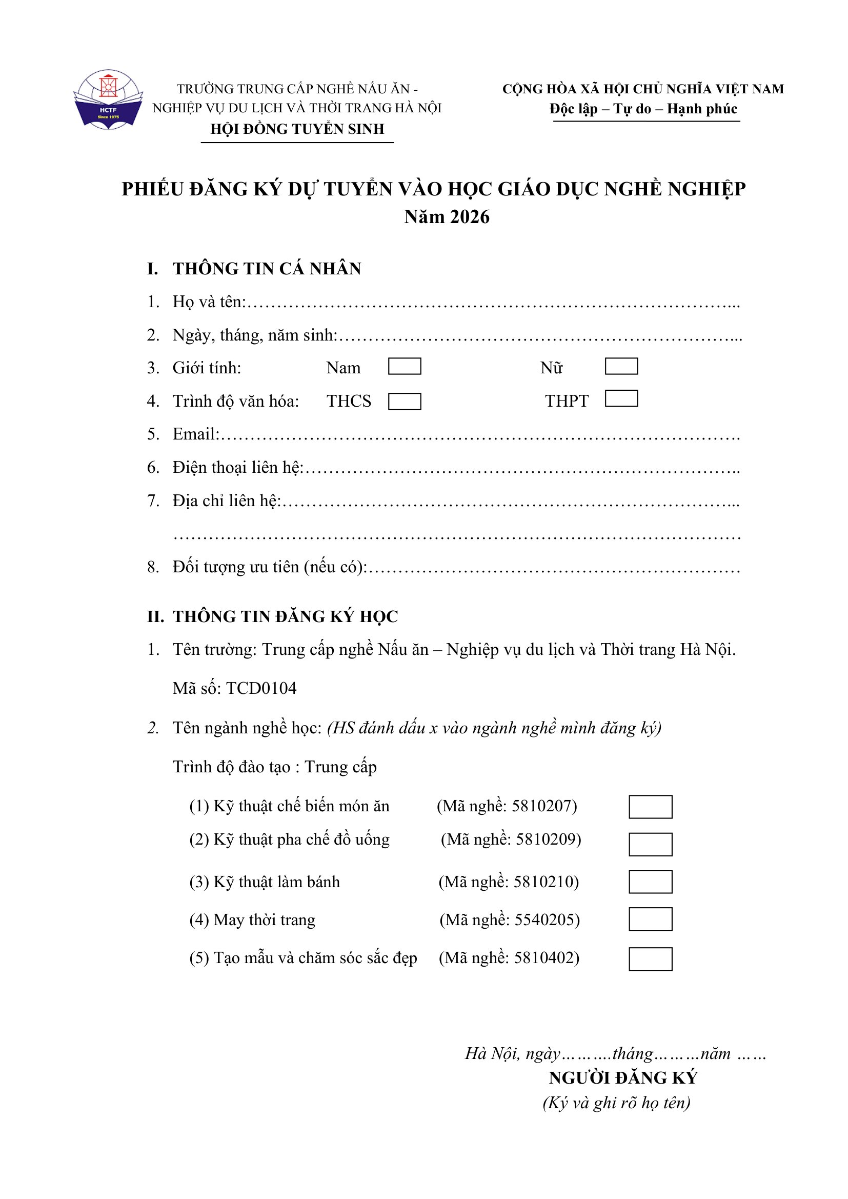 Phiếu đăng ký vào trung cấp